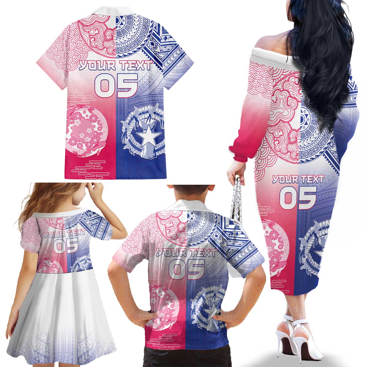 Custom Northern Mariana Islands And Japan Together Family Matching Off The Shoulder Long Sleeve Dress and Hawaiian Shirt