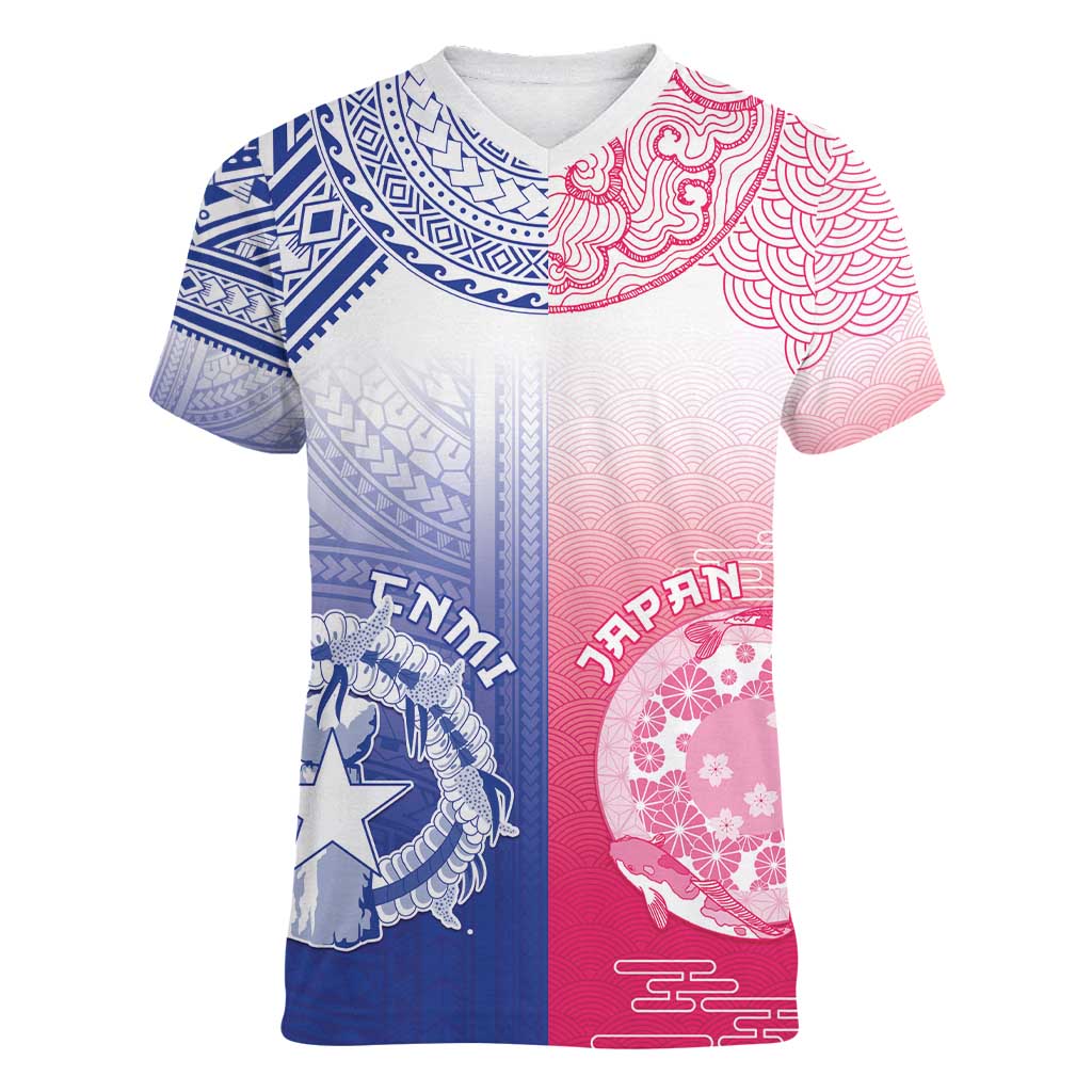 Custom Northern Mariana Islands And Japan Together Women V-Neck T-Shirt