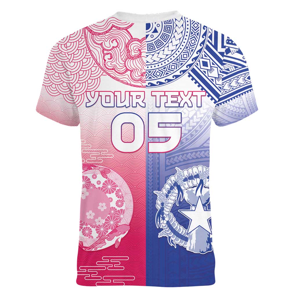 Custom Northern Mariana Islands And Japan Together Women V-Neck T-Shirt