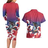Guam Blue Marlin Fishing Couples Matching Long Sleeve Bodycon Dress and Hawaiian Shirt Polynesian Style