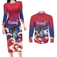 Guam Blue Marlin Fishing Couples Matching Long Sleeve Bodycon Dress and Long Sleeve Button Shirt Polynesian Style