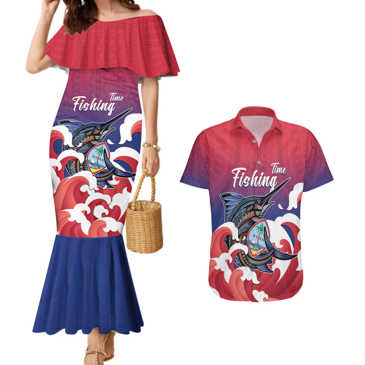Guam Blue Marlin Fishing Couples Matching Mermaid Dress and Hawaiian Shirt Polynesian Style