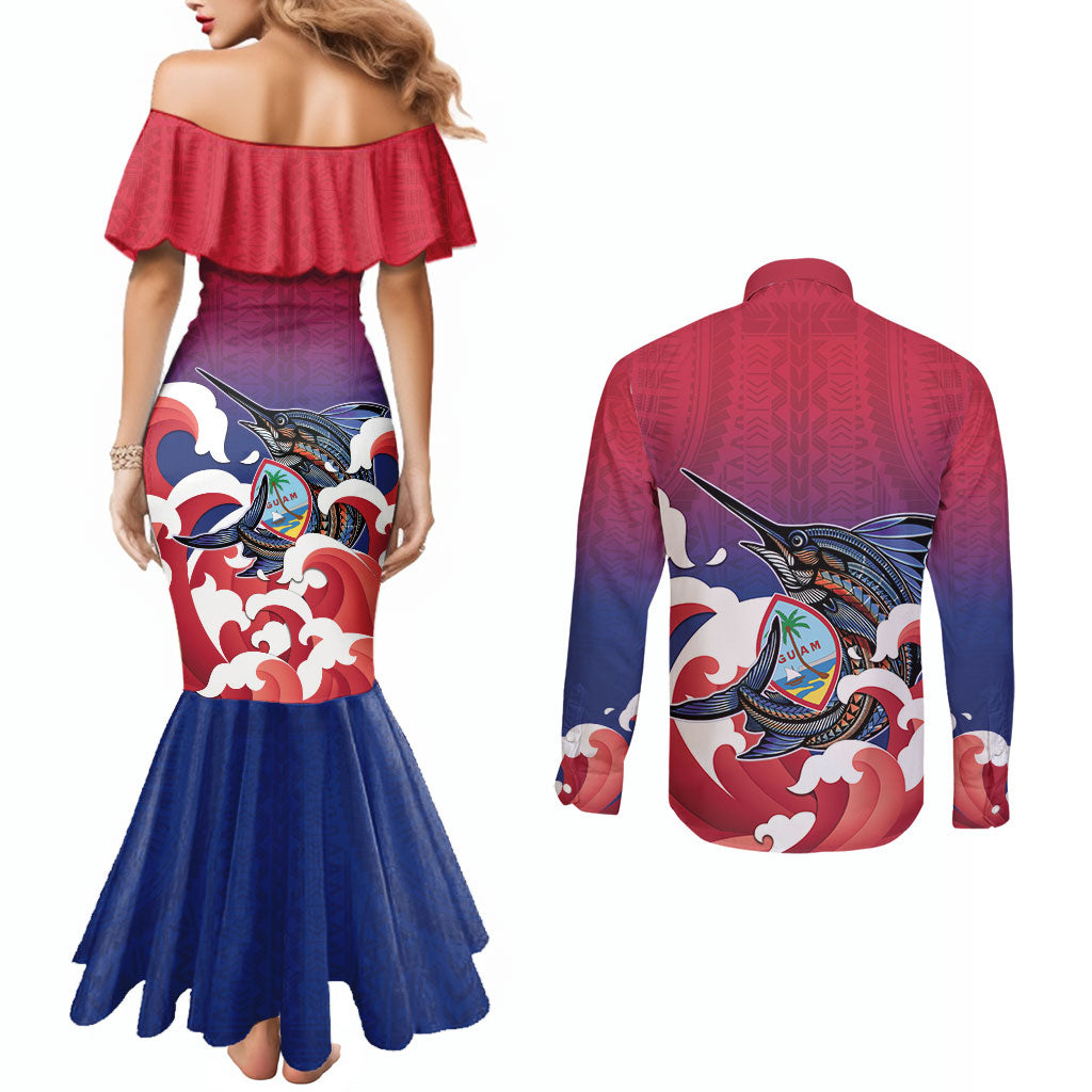 Guam Blue Marlin Fishing Couples Matching Mermaid Dress and Long Sleeve Button Shirt Polynesian Style