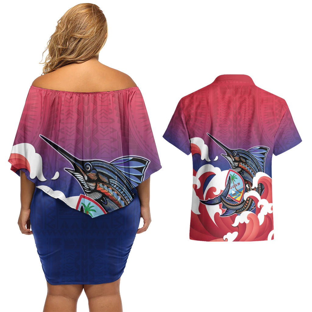 Guam Blue Marlin Fishing Couples Matching Off Shoulder Short Dress and Hawaiian Shirt Polynesian Style