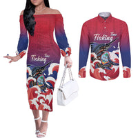 Guam Blue Marlin Fishing Couples Matching Off The Shoulder Long Sleeve Dress and Long Sleeve Button Shirt Polynesian Style