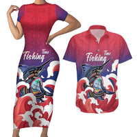 Guam Blue Marlin Fishing Couples Matching Short Sleeve Bodycon Dress and Hawaiian Shirt Polynesian Style