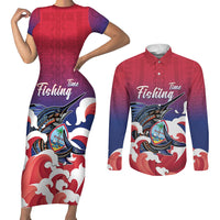 Guam Blue Marlin Fishing Couples Matching Short Sleeve Bodycon Dress and Long Sleeve Button Shirt Polynesian Style