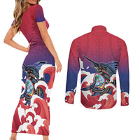 Guam Blue Marlin Fishing Couples Matching Short Sleeve Bodycon Dress and Long Sleeve Button Shirt Polynesian Style