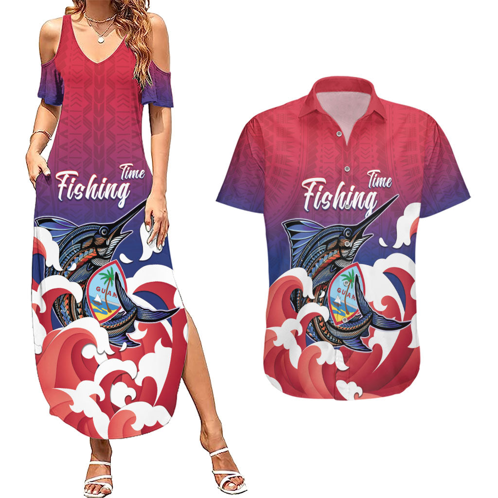 Guam Blue Marlin Fishing Couples Matching Summer Maxi Dress and Hawaiian Shirt Polynesian Style