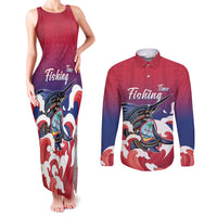 Guam Blue Marlin Fishing Couples Matching Tank Maxi Dress and Long Sleeve Button Shirt Polynesian Style LT05 Red - Polynesian Pride