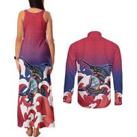 Guam Blue Marlin Fishing Couples Matching Tank Maxi Dress and Long Sleeve Button Shirt Polynesian Style LT05 - Polynesian Pride