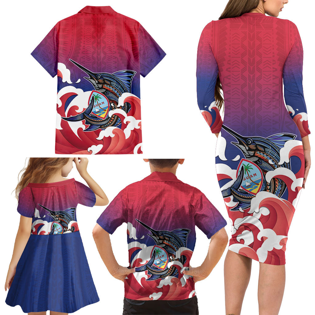 Guam Blue Marlin Fishing Family Matching Long Sleeve Bodycon Dress and Hawaiian Shirt Polynesian Style