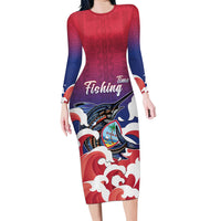 Guam Blue Marlin Fishing Family Matching Long Sleeve Bodycon Dress and Hawaiian Shirt Polynesian Style