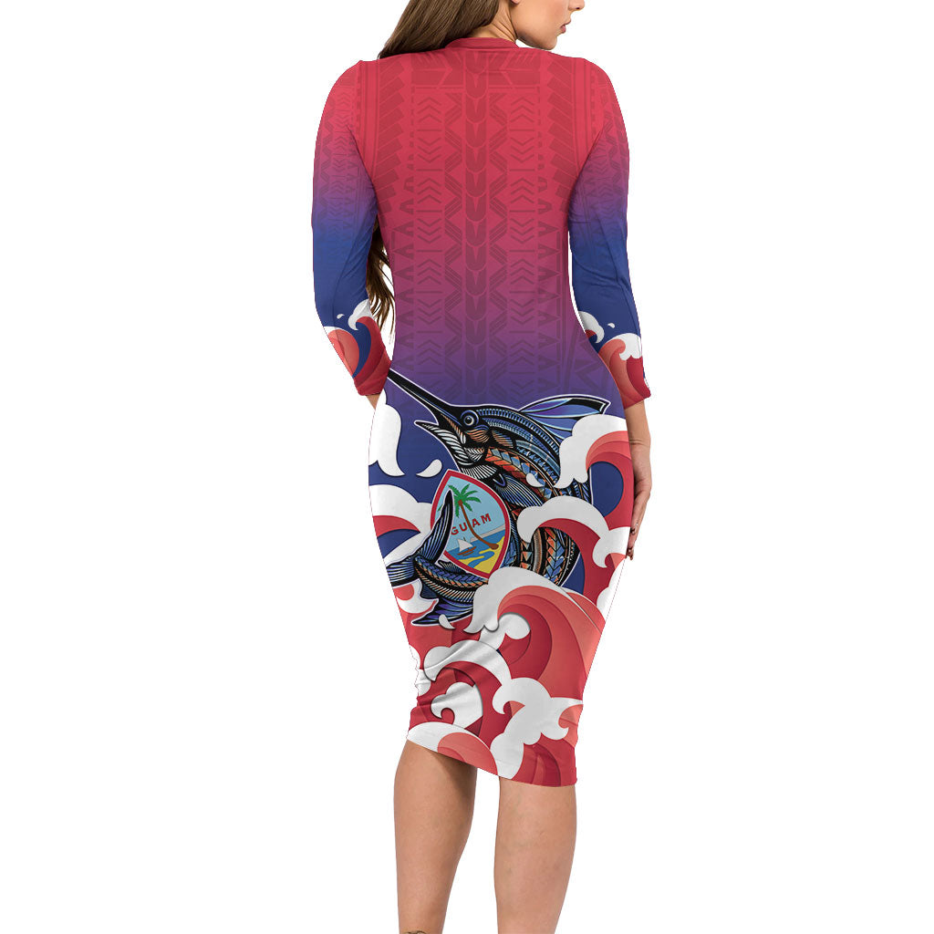 Guam Blue Marlin Fishing Family Matching Long Sleeve Bodycon Dress and Hawaiian Shirt Polynesian Style