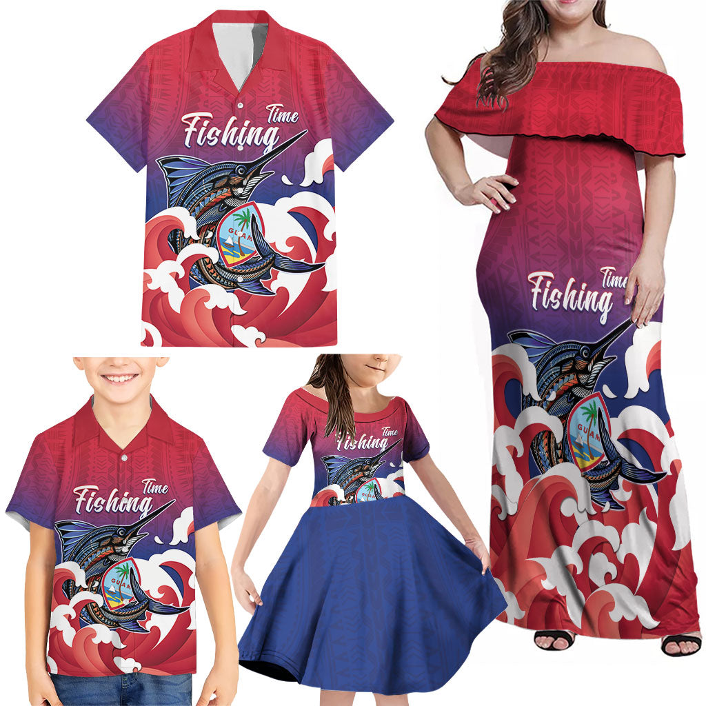 Guam Blue Marlin Fishing Family Matching Off Shoulder Maxi Dress and Hawaiian Shirt Polynesian Style