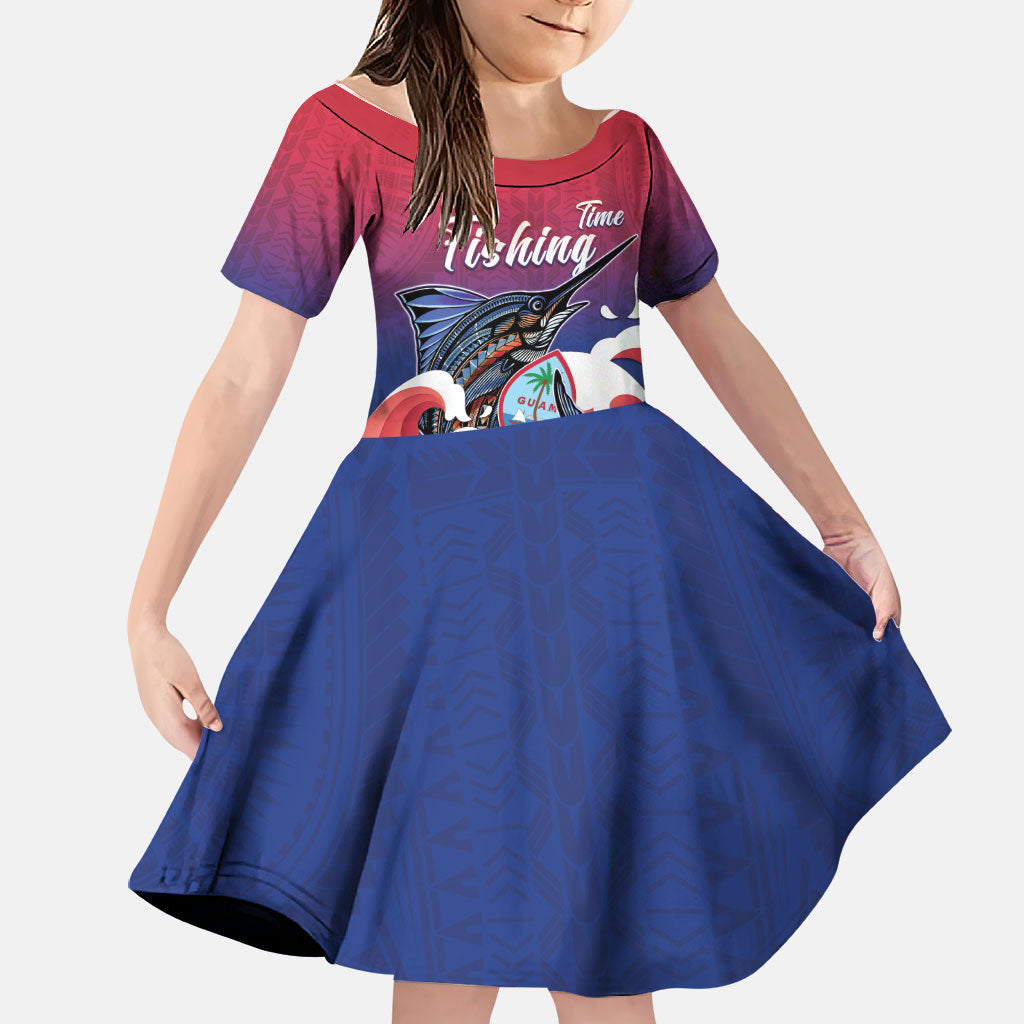 Guam Blue Marlin Fishing Family Matching Off Shoulder Short Dress and Hawaiian Shirt Polynesian Style LT05 Daughter's Dress Red - Polynesian Pride
