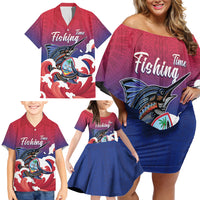Guam Blue Marlin Fishing Family Matching Off Shoulder Short Dress and Hawaiian Shirt Polynesian Style LT05 - Polynesian Pride