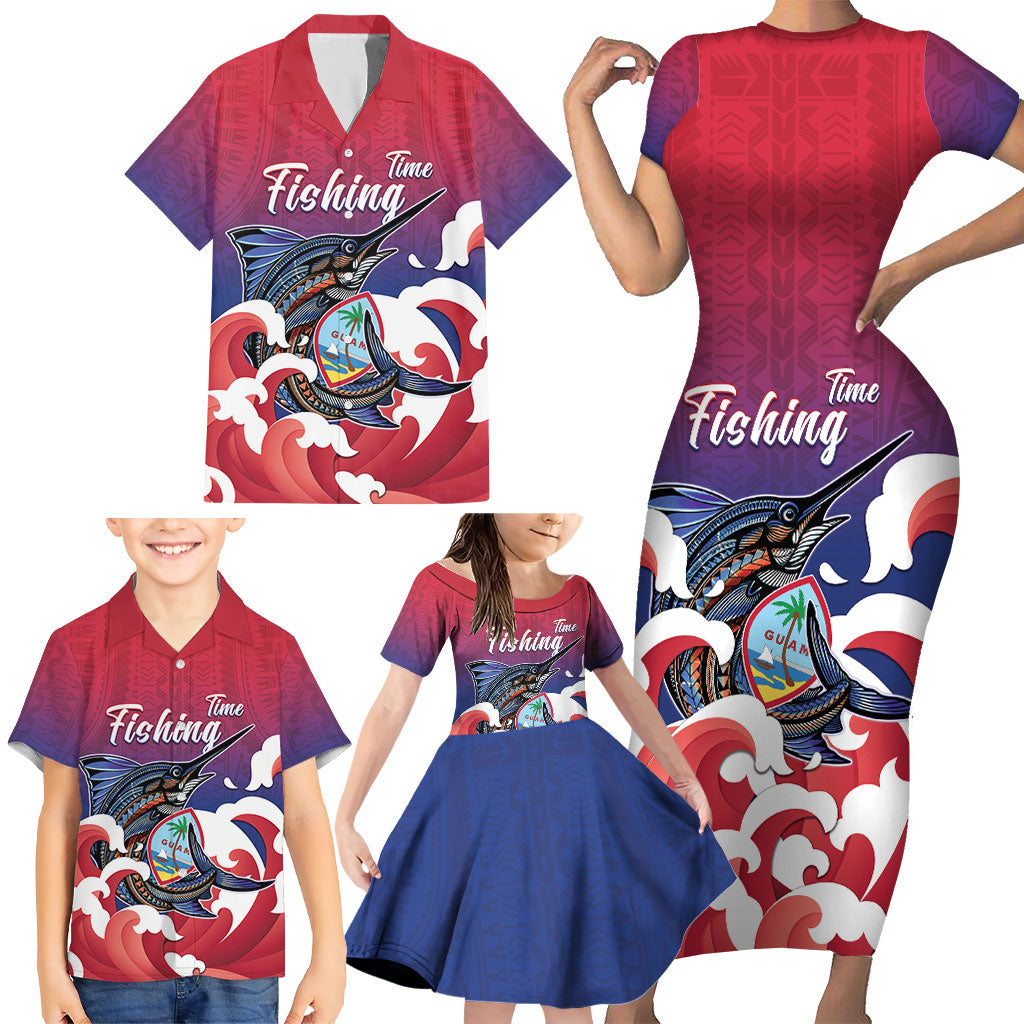 Guam Blue Marlin Fishing Family Matching Short Sleeve Bodycon Dress and Hawaiian Shirt Polynesian Style