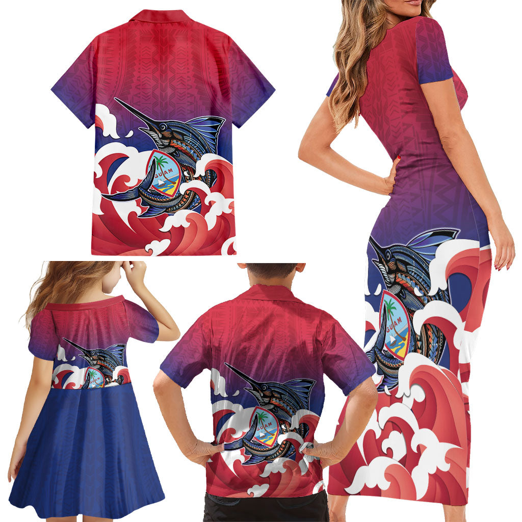 Guam Blue Marlin Fishing Family Matching Short Sleeve Bodycon Dress and Hawaiian Shirt Polynesian Style