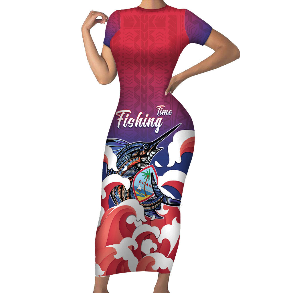 Guam Blue Marlin Fishing Family Matching Short Sleeve Bodycon Dress and Hawaiian Shirt Polynesian Style