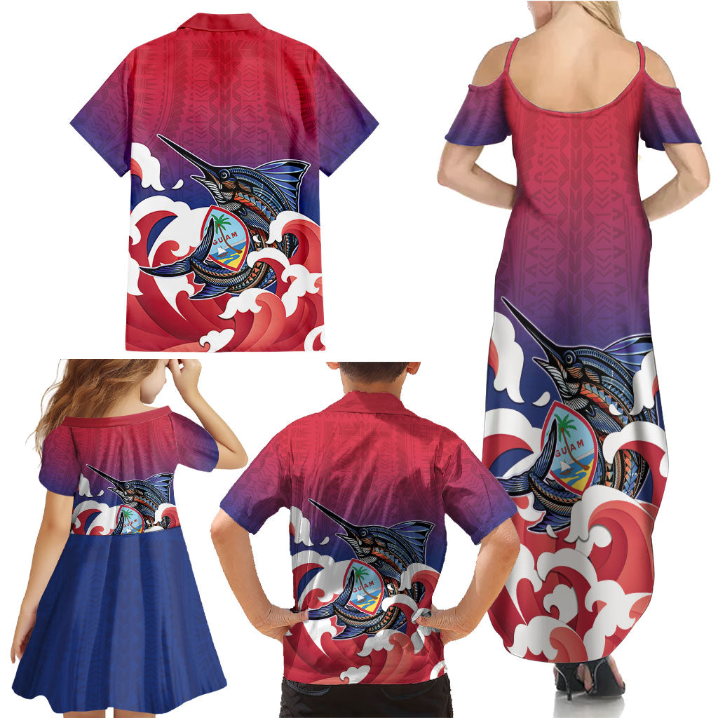 Guam Blue Marlin Fishing Family Matching Summer Maxi Dress and Hawaiian Shirt Polynesian Style