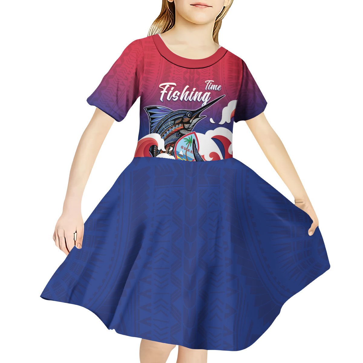 Guam Blue Marlin Fishing Kid Short Sleeve Dress Polynesian Style LT05 - Polynesian Pride