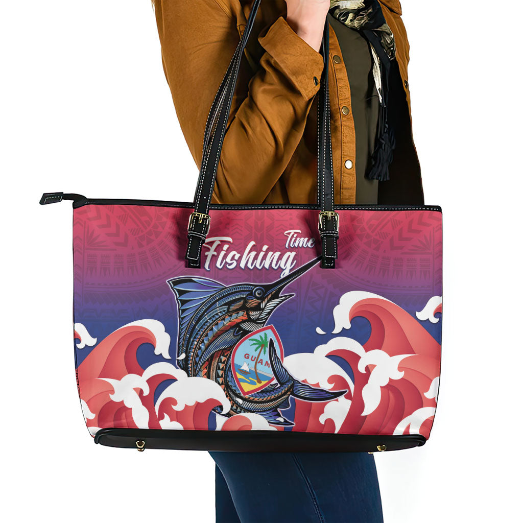 Guam Blue Marlin Fishing Leather Tote Bag Polynesian Style