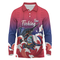 Guam Blue Marlin Fishing Long Sleeve Polo Shirt Polynesian Style LT05 Red - Polynesian Pride
