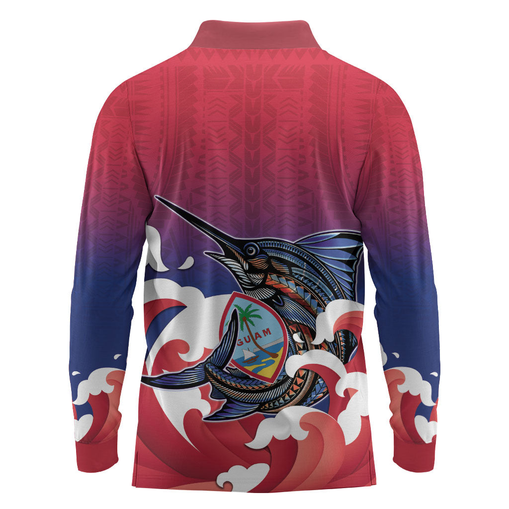 Guam Blue Marlin Fishing Long Sleeve Polo Shirt Polynesian Style LT05 - Polynesian Pride