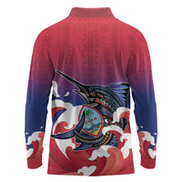 Guam Blue Marlin Fishing Long Sleeve Polo Shirt Polynesian Style LT05 - Polynesian Pride