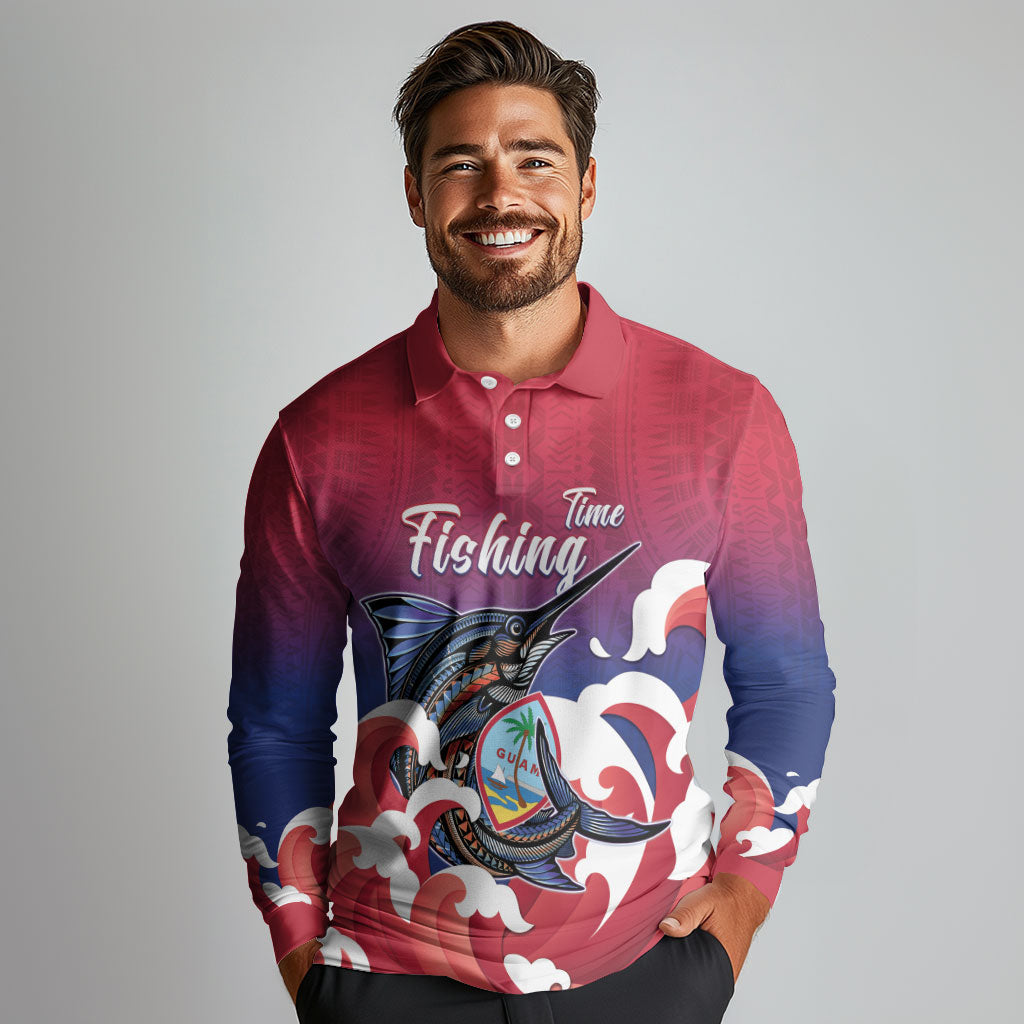Guam Blue Marlin Fishing Long Sleeve Polo Shirt Polynesian Style LT05 - Polynesian Pride