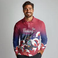Guam Blue Marlin Fishing Long Sleeve Polo Shirt Polynesian Style LT05 - Polynesian Pride