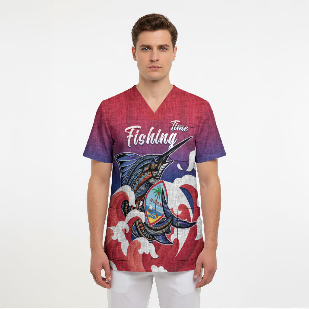 Guam Blue Marlin Fishing Scrub Top Polynesian Style