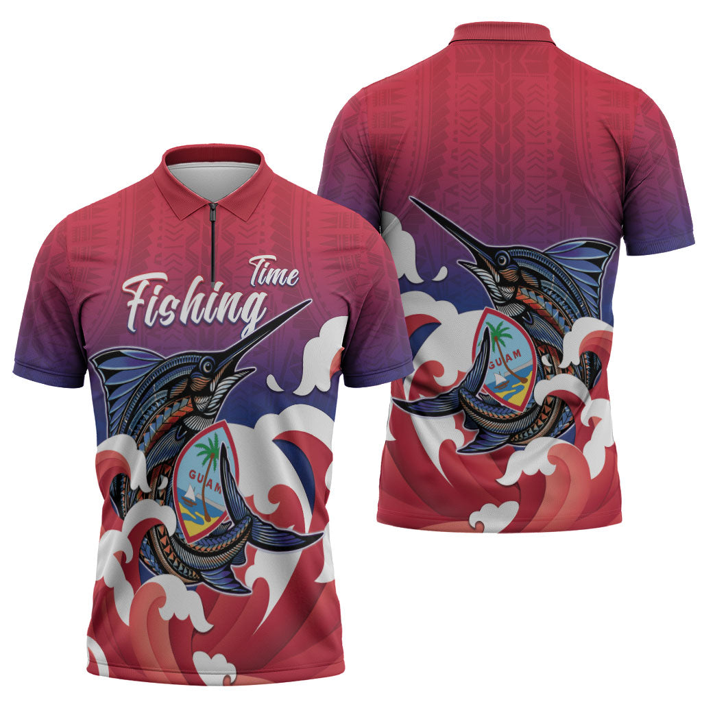Guam Blue Marlin Fishing Zipper Polo Shirt Polynesian Style LT05 - Polynesian Pride