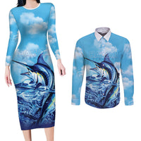 Hawaii Blue Marlin Fishing Couples Matching Long Sleeve Bodycon Dress and Long Sleeve Button Shirt