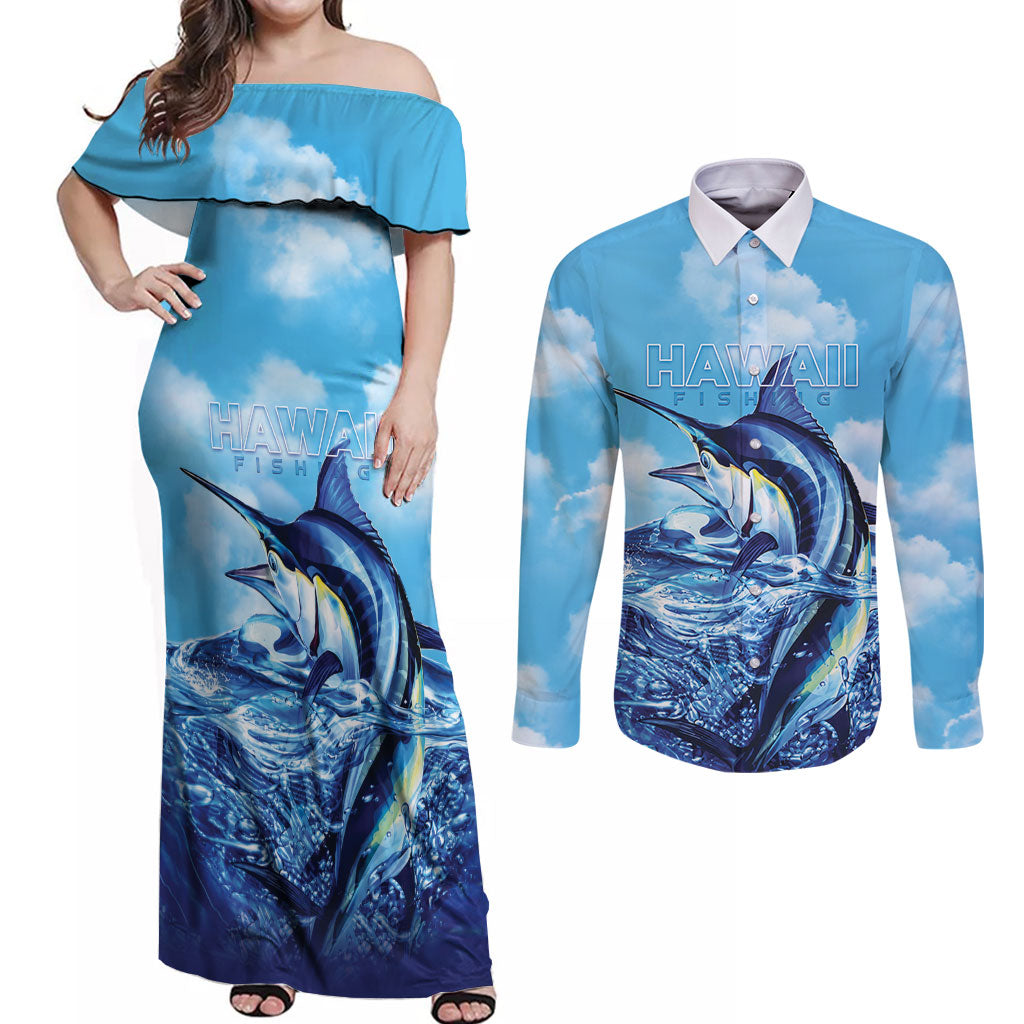Hawaii Blue Marlin Fishing Couples Matching Off Shoulder Maxi Dress and Long Sleeve Button Shirt