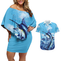 Hawaii Blue Marlin Fishing Couples Matching Off Shoulder Short Dress and Hawaiian Shirt