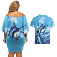Hawaii Blue Marlin Fishing Couples Matching Off Shoulder Short Dress and Hawaiian Shirt