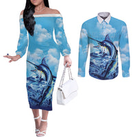 Hawaii Blue Marlin Fishing Couples Matching Off The Shoulder Long Sleeve Dress and Long Sleeve Button Shirt