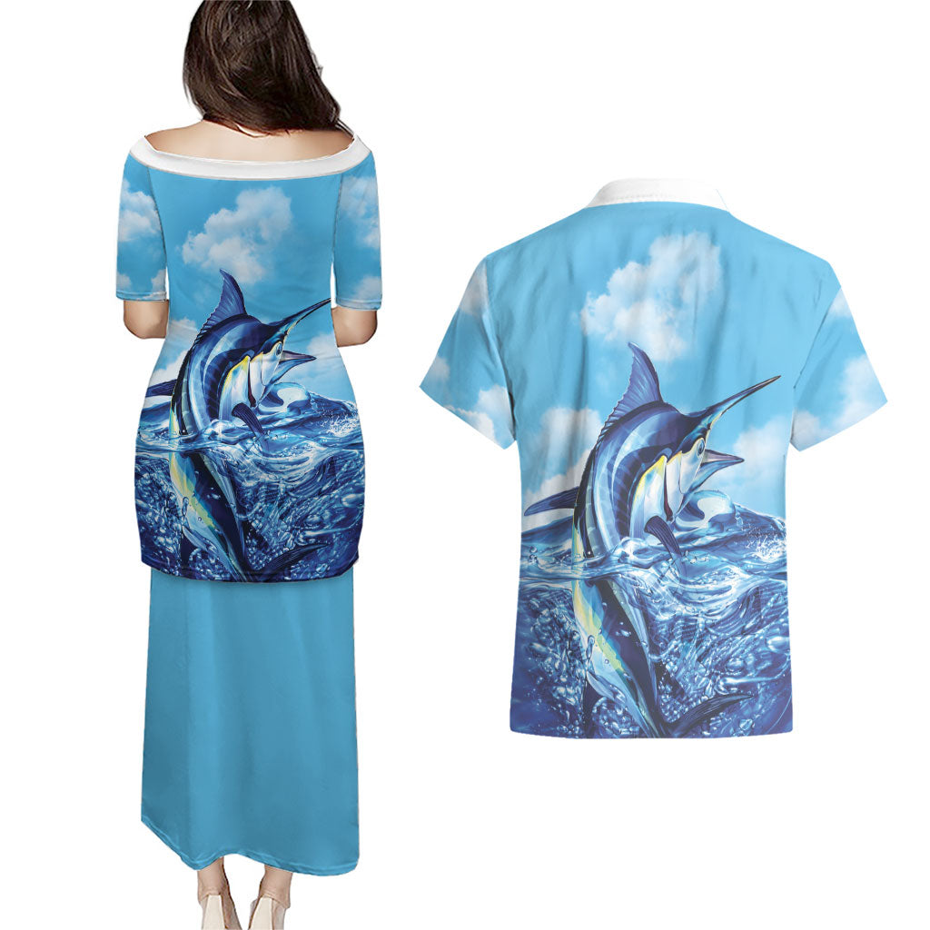 Hawaii Blue Marlin Fishing Couples Matching Puletasi and Hawaiian Shirt