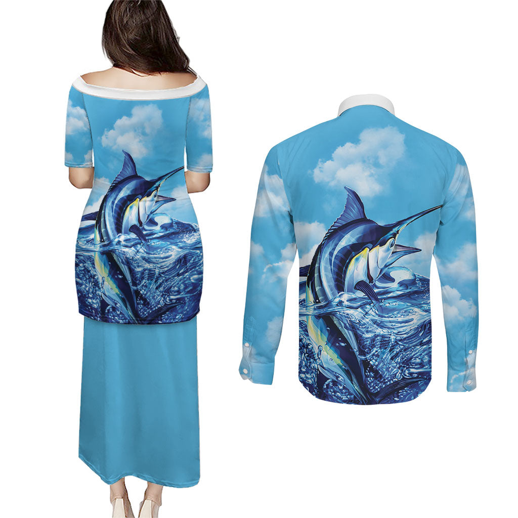 Hawaii Blue Marlin Fishing Couples Matching Puletasi and Long Sleeve Button Shirt