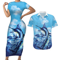 Hawaii Blue Marlin Fishing Couples Matching Short Sleeve Bodycon Dress and Hawaiian Shirt