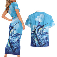 Hawaii Blue Marlin Fishing Couples Matching Short Sleeve Bodycon Dress and Hawaiian Shirt