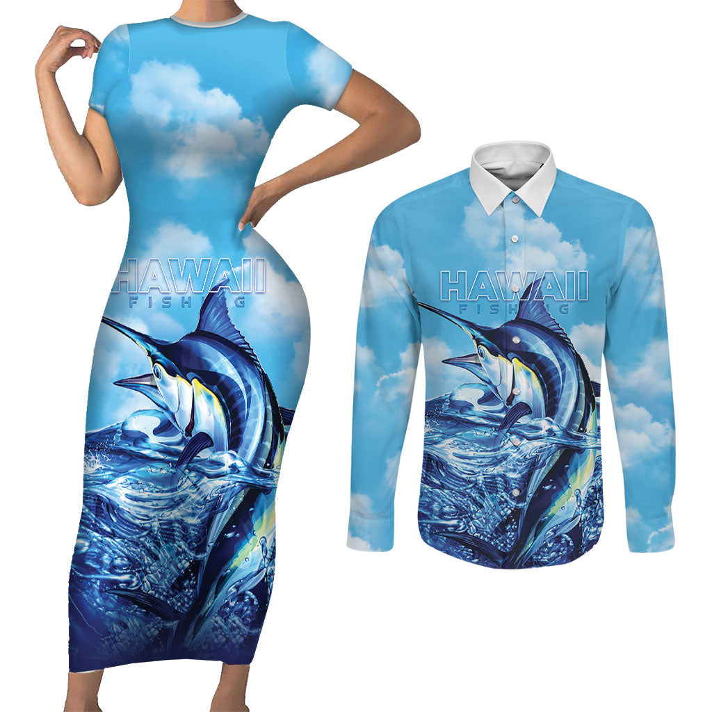 Hawaii Blue Marlin Fishing Couples Matching Short Sleeve Bodycon Dress and Long Sleeve Button Shirt LT05 Blue - Polynesian Pride