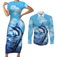 Hawaii Blue Marlin Fishing Couples Matching Short Sleeve Bodycon Dress and Long Sleeve Button Shirt LT05 Blue - Polynesian Pride