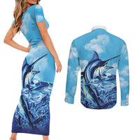 Hawaii Blue Marlin Fishing Couples Matching Short Sleeve Bodycon Dress and Long Sleeve Button Shirt LT05 - Polynesian Pride