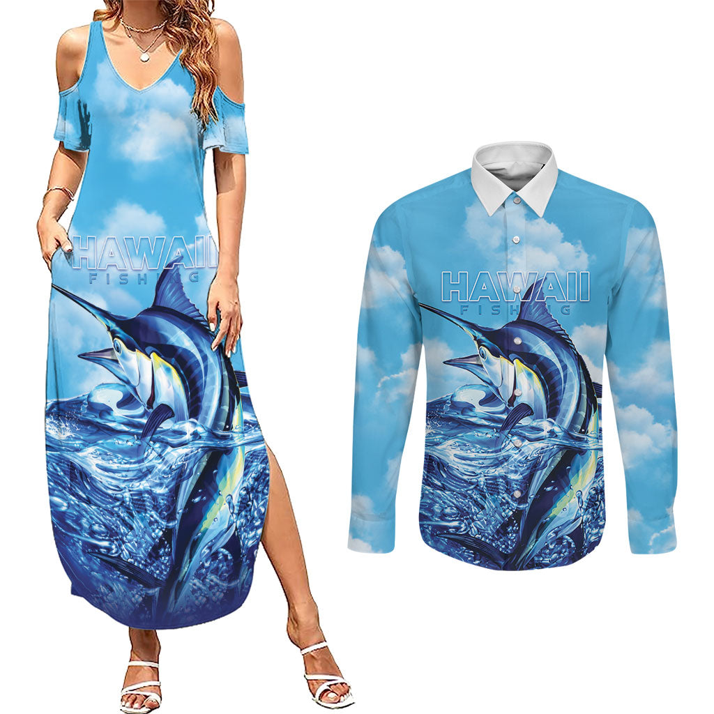 Hawaii Blue Marlin Fishing Couples Matching Summer Maxi Dress and Long Sleeve Button Shirt