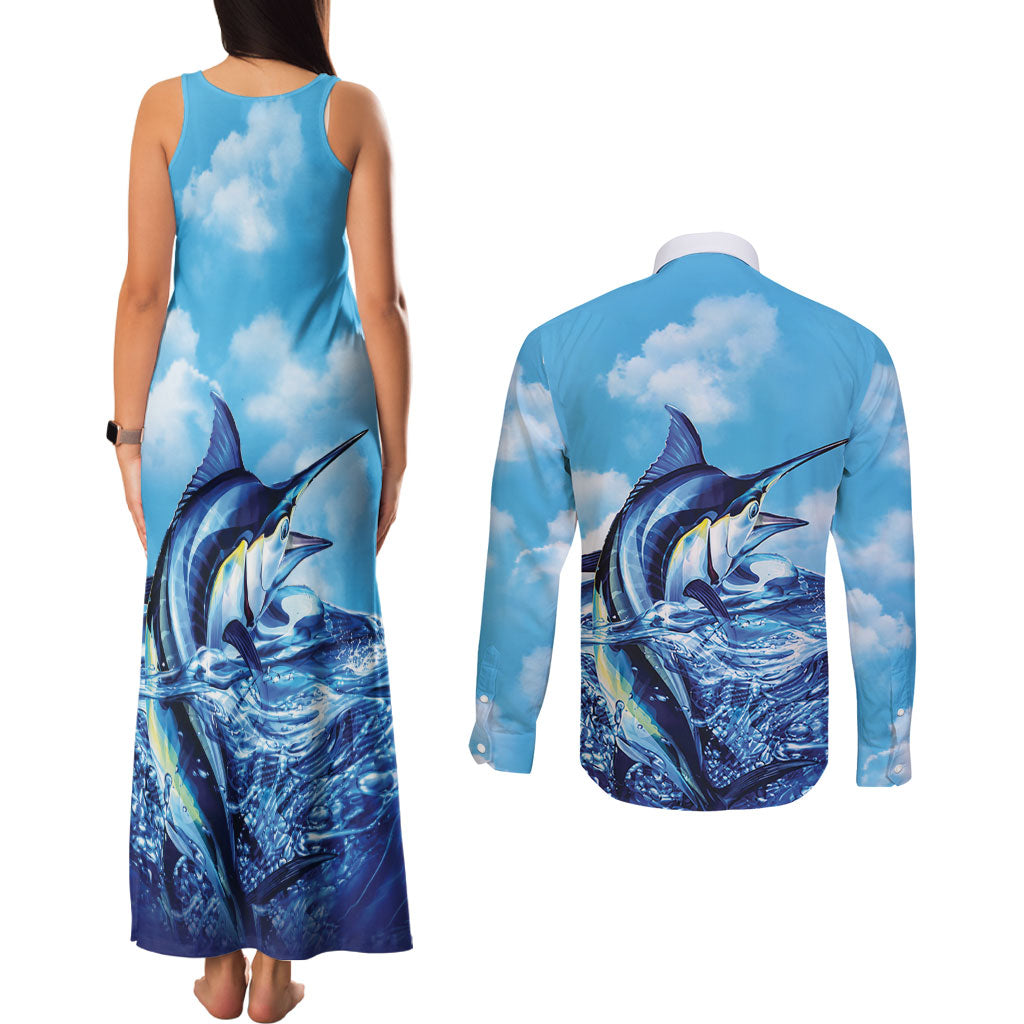Hawaii Blue Marlin Fishing Couples Matching Tank Maxi Dress and Long Sleeve Button Shirt