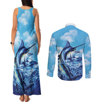 Hawaii Blue Marlin Fishing Couples Matching Tank Maxi Dress and Long Sleeve Button Shirt