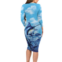 Hawaii Blue Marlin Fishing Family Matching Long Sleeve Bodycon Dress and Hawaiian Shirt